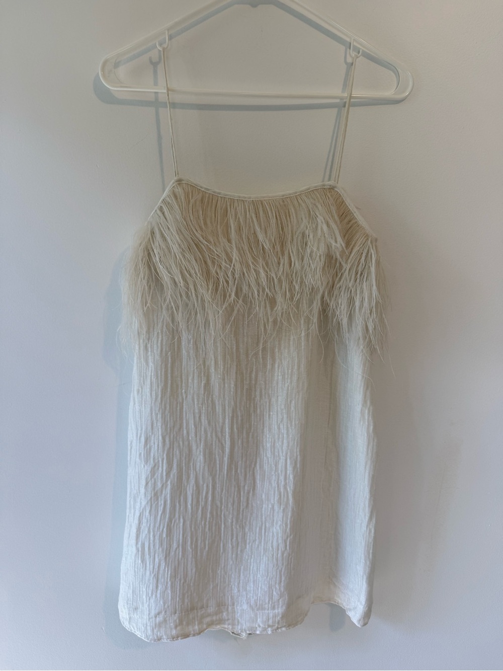 Aje Ivory Silk Linen Mini Dress Ostrich Feather Trim Pearl Buttons AU 12 US S